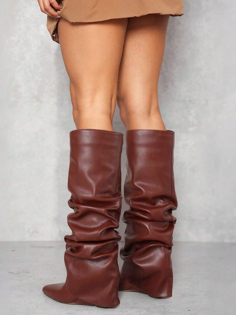 Heel view of Punk Goth Mid-Calf Motorcycle Boots with Chunky High Heels - Fashionable Slouched Ruched Style for Women for punk motorcycle boot styling