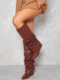 Back view of Punk Goth Mid-Calf Motorcycle Boots with Chunky High Heels - Fashionable Slouched Ruched Style for Women for punk motorcycle boot styling