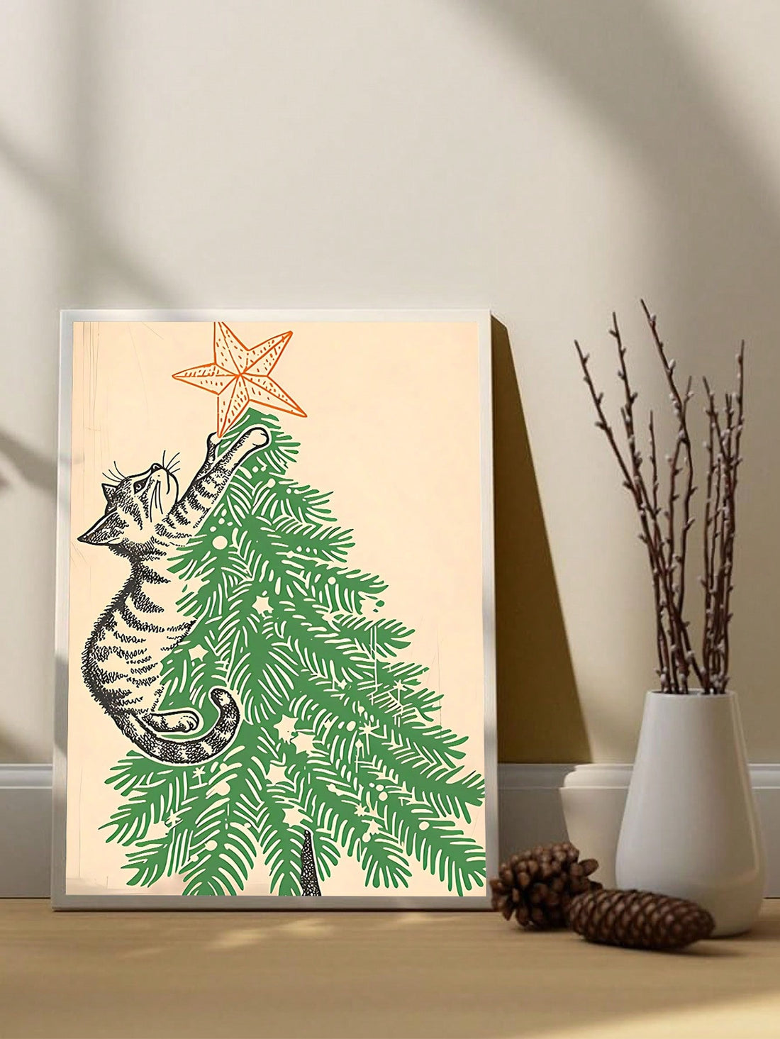 Bring festive cheer and feline charm to any space with this delightful canvas art print. Featuring a whimsical cat nestled among minimalist Christmas tree designs, it's the perfect blend of holiday spirit and quirky personality. Ideal for cat lovers and modern decor enthusiasts alike, this playful piece adds warmth to living rooms, bedrooms, offices, or creative studios. The clean, contemporary aesthetic complements any interior style while celebrating the season with a touch of humor and joy. A unique gift