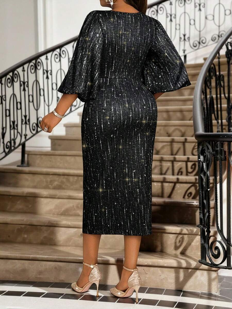 Shimmer into the season with this stunning silver long sleeve dress that's ready for any celebration! Designed with plus-size elegance in mind, this autumn and winter essential features a luxurious sheen that catches the light beautifully. Whether you're heading to a holiday party, special dinner, or festive gathering, the flowing silhouette and sophisticated long sleeves create a flattering, show-stopping look. Dress it up with heels and statement jewelry, or keep it effortlessly chic with simple accessori