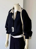 Color view of Women's Striped Long Sleeve Sweatshirt with Classic Shirt Collar in Navy Blue color