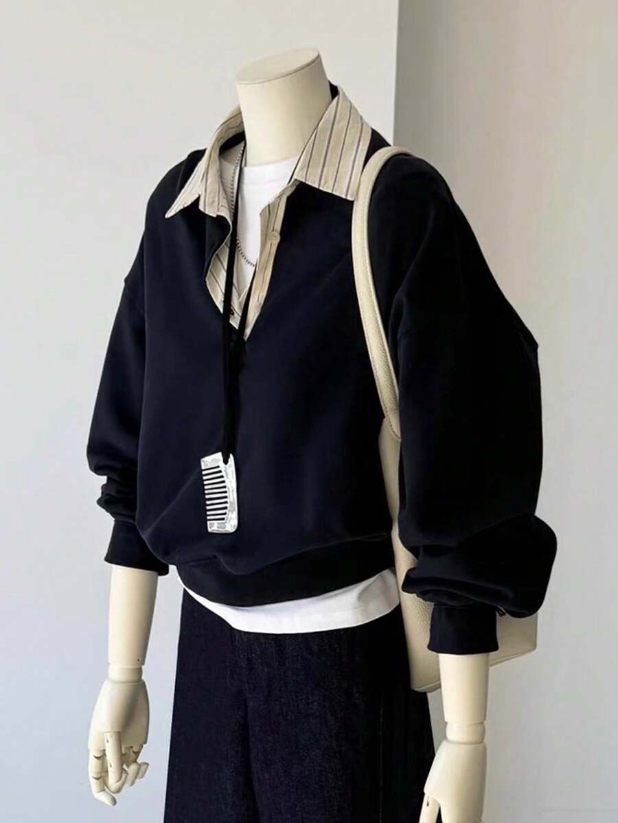 Color view of Women's Striped Long Sleeve Sweatshirt with Classic Shirt Collar in Navy Blue color