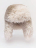 Black faux fur trapper hat with long ear flaps and dense plush texture