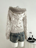 Back view of beige camo hooded zip-up jacket with faux-fur trim