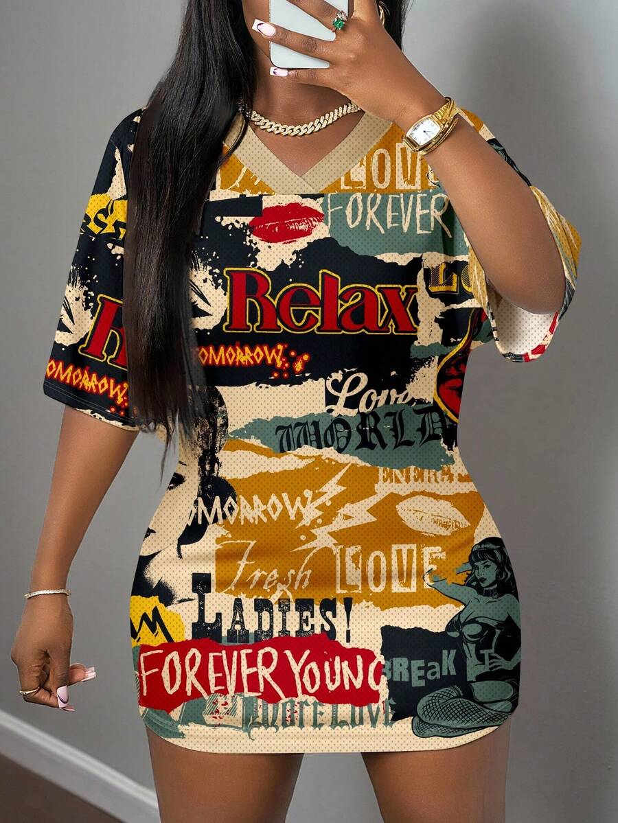Front view of V-neck mini dress with Y2K vintage style for summer streetwear