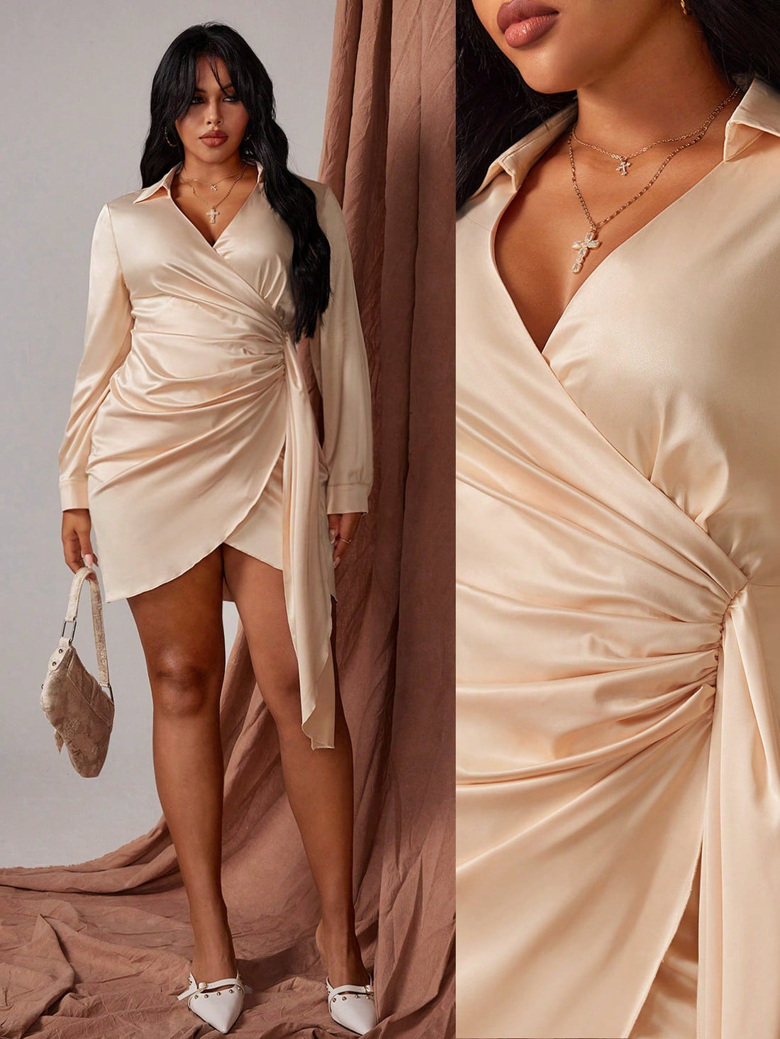 Wrap yourself in elegance with this stunning plus-size dress that's ready for any occasion! Featuring a flattering surplice collar and luxurious draped details, this polyester beauty combines comfort with sophistication. The ruched side panels create a slimming silhouette while the wrap hem adds movement and grace. Perfect for holiday gatherings, spring brunches, or autumn celebrations, this solid-colored gem transitions seamlessly through the seasons. Dress it up with heels or keep it casual—either way, yo