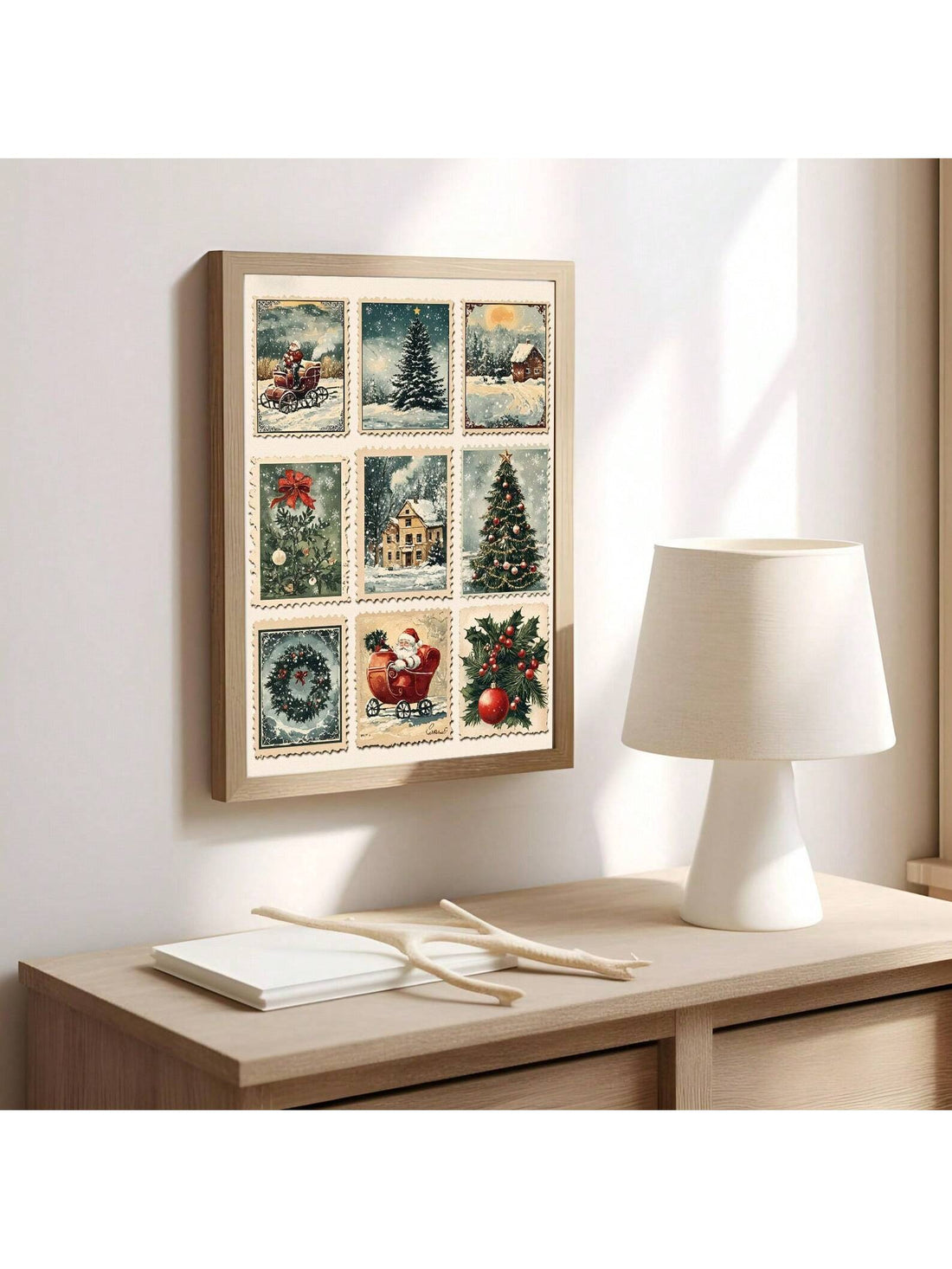 Bring holiday magic to your walls with this charming vintage Christmas stamp art featuring Santa's iconic sleigh scene. Perfect for adding nostalgic warmth to any room, this frameless design captures the whimsy of classic holiday imagery with timeless appeal. Whether displayed in your living room, entryway, or bedroom, it instantly transforms your space into a festive wonderland. The playful vintage aesthetic pairs beautifully with both traditional and eclectic décor styles, making it an easy way to spread 