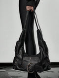 Black faux leather belt hobo shoulder bag with silver buckle