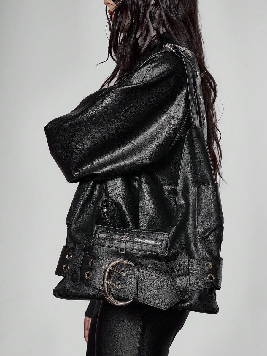 Black crescent shoulder bag with adjustable strap and zipper pocket