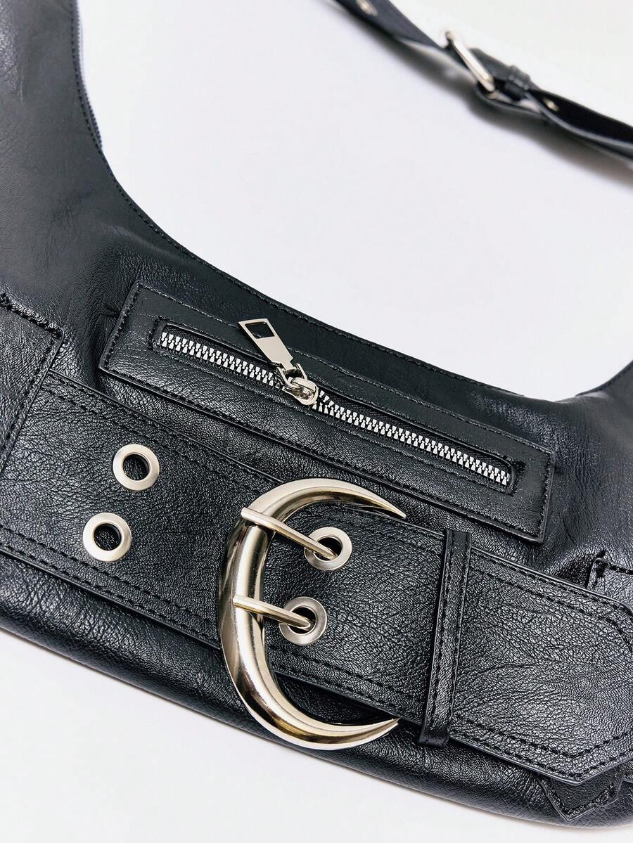 Lifestyle view of black belt hobo shoulder bag