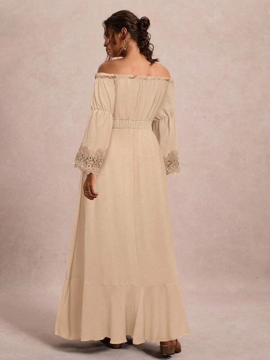 Slip into sophistication with this stunning plus-size dress that celebrates your curves in all the right ways. The off-shoulder neckline creates an effortlessly chic silhouette, while delicate lace patchwork adds romantic texture and visual interest. A practical split hem keeps things playful and comfortable, giving you freedom to move with confidence. Perfect for date nights, special occasions, or whenever you want to feel absolutely fabulous. This dress proves that elegance has no size limit—it's all abou