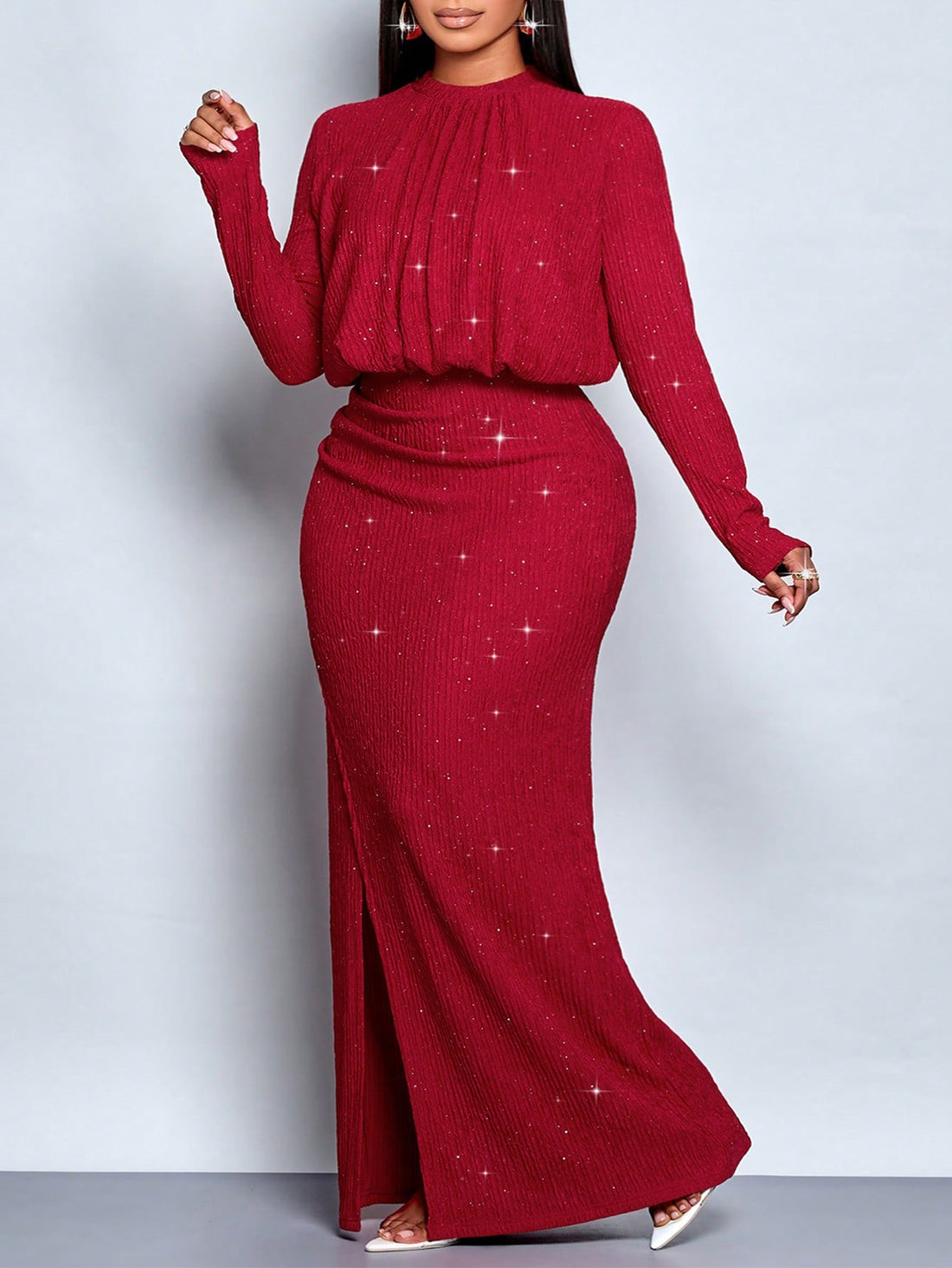 Shimmer into the season with this show-stopping sparkly bodycon maxi dress! The sleek mock neck and form-fitting silhouette create an effortlessly chic look, while all-over sequins catch the light with every move. Whether you're dancing at a holiday party or sipping cocktails on a winter getaway, this dress delivers glamour and confidence in one stunning package. The maxi length keeps things elegant and sophisticated, making it your go-to for any festive occasion that calls for a little extra sparkle.