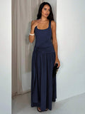 navy scoop neck tank maxi dress with wide straps, fitted sleeveless bodice, asymmetric ruched drop waist, side knot tie panel, gathered A-line flowing skirt and smooth stretch knit fabric image 2