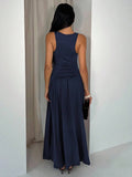 navy scoop neck tank maxi dress with wide straps, fitted sleeveless bodice, asymmetric ruched drop waist, side knot tie panel, gathered A-line flowing skirt and smooth stretch knit fabric image 3