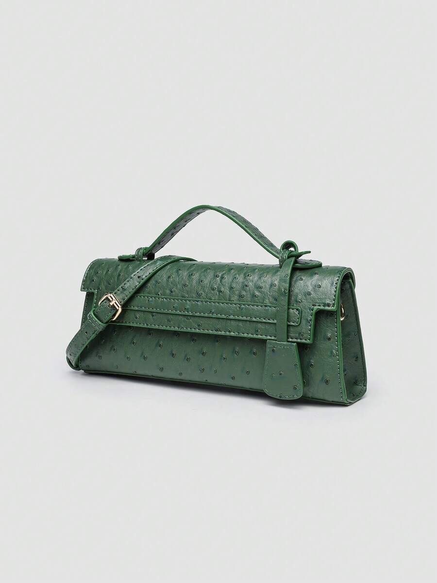 Ostrich embossed structured top handle shoulder bag with flap closure and adjustable strap