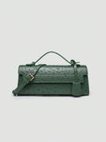 Ostrich embossed structured top handle shoulder bag with flap closure and adjustable strap