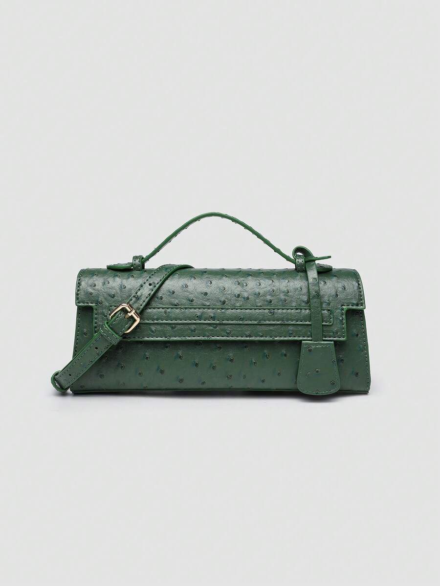 Ostrich embossed structured top handle shoulder bag with flap closure and adjustable strap