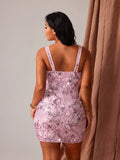 plus size sequin embroidered bodycon mini dress in blush pink and champagne beige with square scoop neckline, wide straps, sleeveless fitted sheath silhouette, floral vine silver sequins, vertical dotted sequin lines and short hem slit image 2