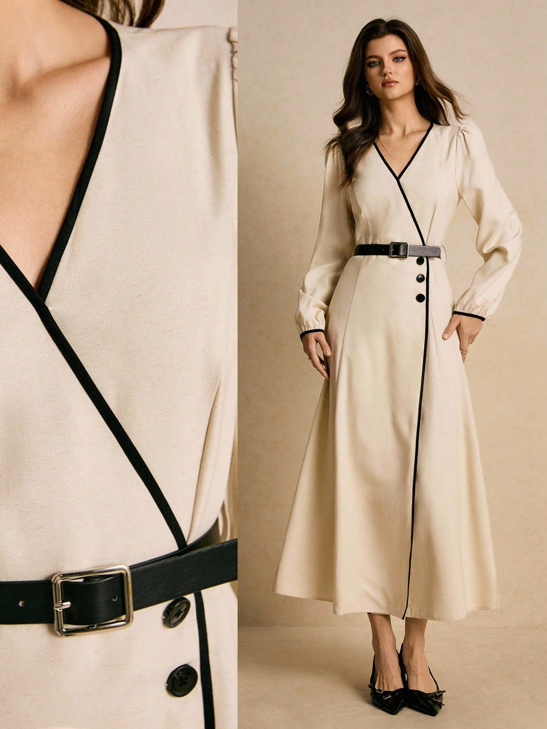 Slip into effortless sophistication with this stunning apricot dress that's ready for anything your day throws at you. The long sleeves offer graceful coverage while the contrasting edges add a chic, modern twist that catches every eye. A decorative belt cinches your silhouette beautifully, giving you that polished look whether you're heading to brunch or an evening event. Versatile, flattering, and undeniably fabulous—this dress is your new go-to for looking put-together without trying too hard.