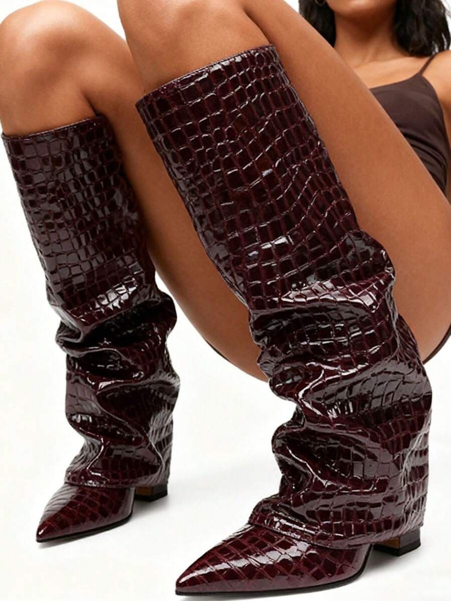Heel detail view of Stylish Knee-High Slouchy Shark Boots with Chunky Heels for Parties and Office Wear for knee high boot styling