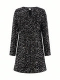 Back flat view of black sequin mini dress with keyhole closure