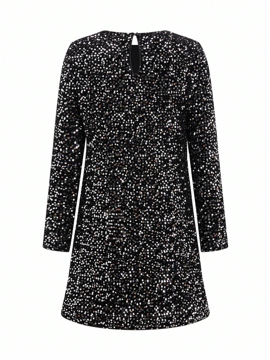 Back flat view of black sequin mini dress with keyhole closure