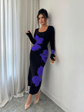 Front full view of black and blue-violet floral square-neck bodycon knit midi dress with long sleeves