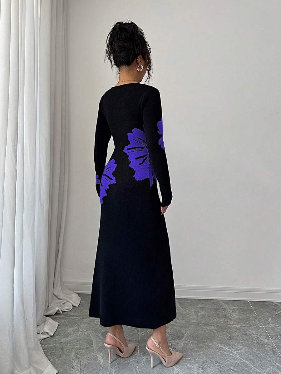 Back full view of black and blue-violet floral slim-fit knit midi dress with subtly flared hem