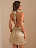 metallic halter draped mini dress image 4 showing visible dress shape, fabric, neckline, straps, back, color, slit, lace-up, or hem details