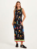 Front studio view of black illustrated sleeveless maxi dress
