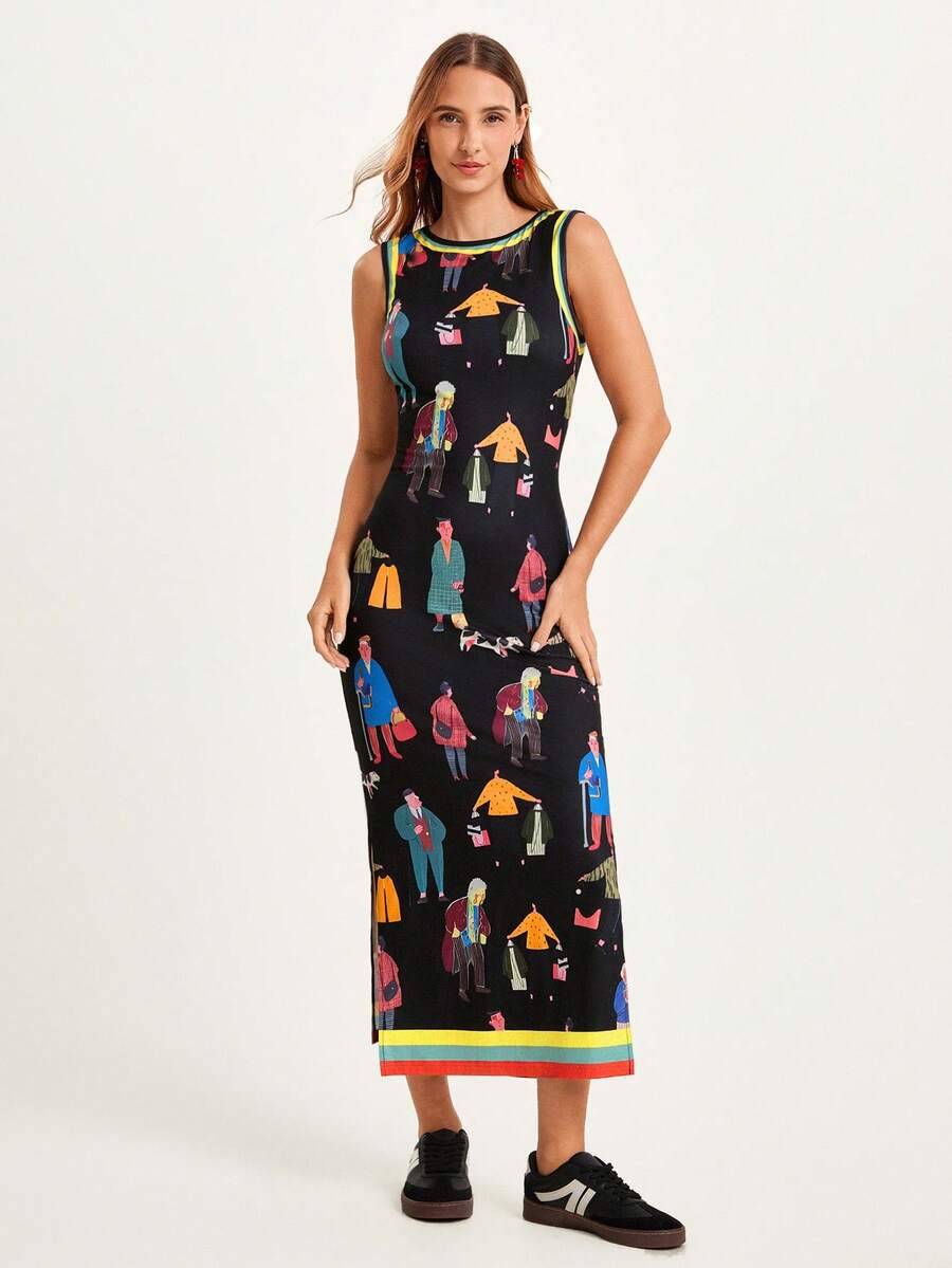 Front studio view of black illustrated sleeveless maxi dress
