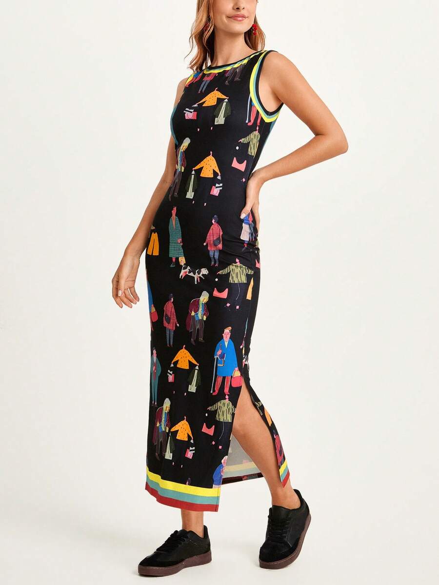 Front three-quarter studio view with side slit of black illustrated sleeveless maxi dress