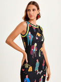 Upper front studio view of black illustrated sleeveless maxi dress