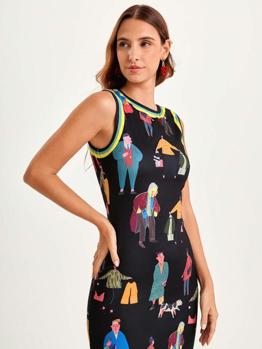 Upper front studio view of black illustrated sleeveless maxi dress