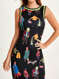 Close-up studio view of illustrated print of black illustrated sleeveless maxi dress
