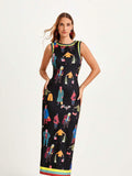 Full front studio view of black illustrated sleeveless maxi dress