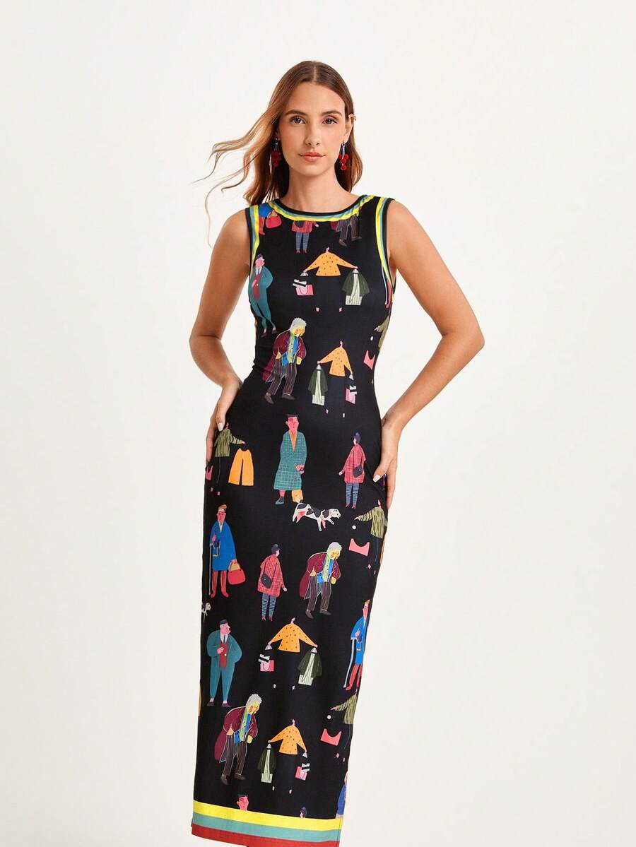 Full front studio view of black illustrated sleeveless maxi dress