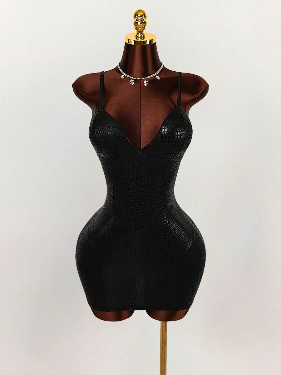 Black glossy crocodile-texture cami bodycon mini dress front view