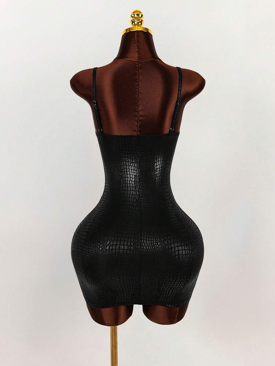 Back view of black glossy crocodile-texture bodycon mini dress