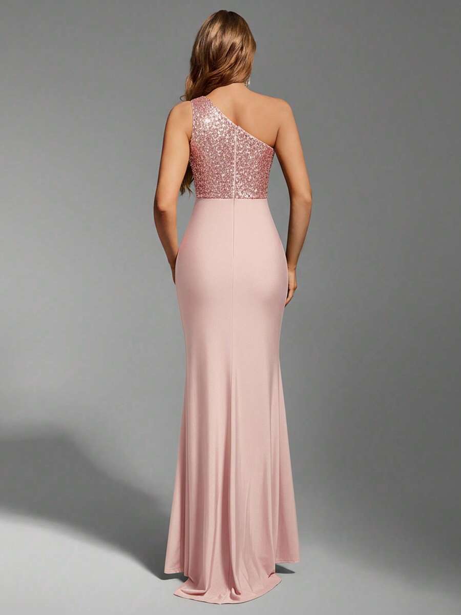 one-shoulder formal evening gown with asymmetric sequin bodice, smooth floor-length skirt, fitted mermaid column silhouette, ruched waist and hip, wrap front overlay and high thigh slit in multiple colors image 3