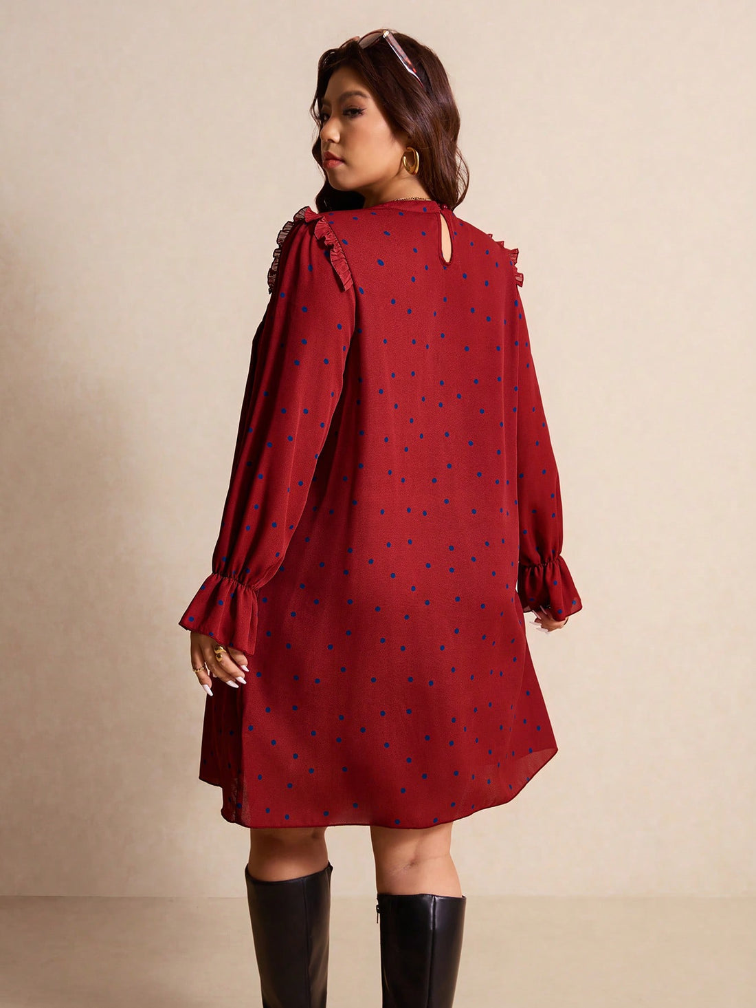 Elevate your wardrobe with this fabulous polka dot midi dress that's all about fun and flair! Featuring a charming ruffle hem that adds movement and personality, this piece celebrates curves with confidence. The classic polka dot pattern pairs perfectly with the playful ruffle detail, creating a look that's both timeless and trendy. Perfect for date nights, brunch outings, or whenever you want to feel like the best-dressed person in the room. Slip it on and let your style do the talking!