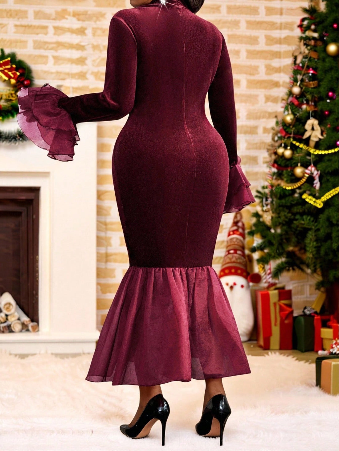 Make a statement this season in our stunning deep red velvet mermaid dress—the ultimate showstopper for winter celebrations. Crafted from luxuriously soft knitted velvet, this plus-size beauty hugs your curves in all the right ways with a flattering mermaid silhouette that commands attention. Whether you're dancing at a holiday party or saying "yes" at a winter wedding, this rich crimson number delivers elegance with a touch of sass. The sumptuous fabric drapes beautifully while the figure-hugging cut ensur