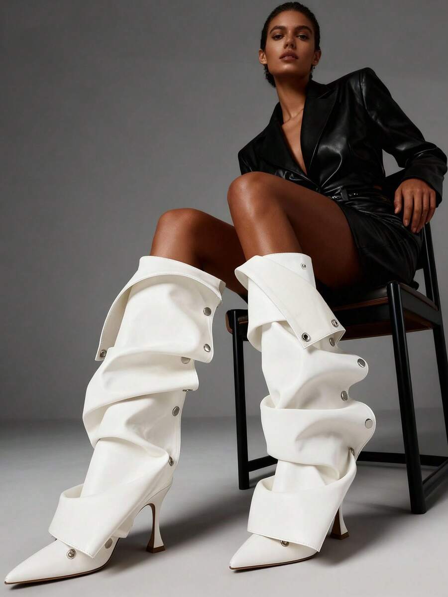 Side view of Elegant Winter Brown Knee High Ruched Slouchy Stiletto Boots for Women - Perfect Nightclub Luxury Footwear for knee high boot styling