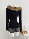 Back view of black fitted zip-up hoodie with tan faux-fur hood trim