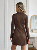 Chocolate brown faux suede collared mini skater dress back view