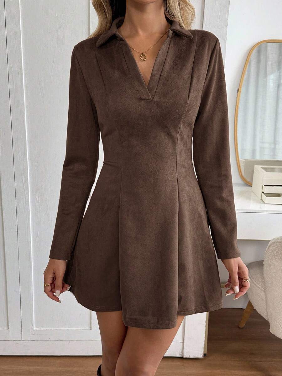 Chocolate brown faux suede collared V-neck mini skater dress close front view