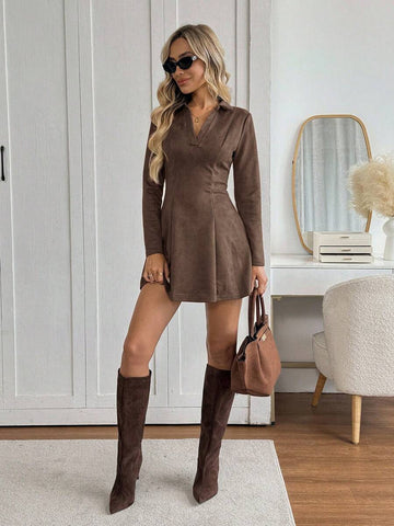 Chocolate brown faux suede collared V-neck long sleeve mini skater dress styled with boots