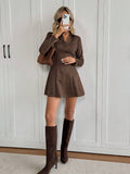 Chocolate brown faux suede collared V-neck mini skater dress full front mirror view