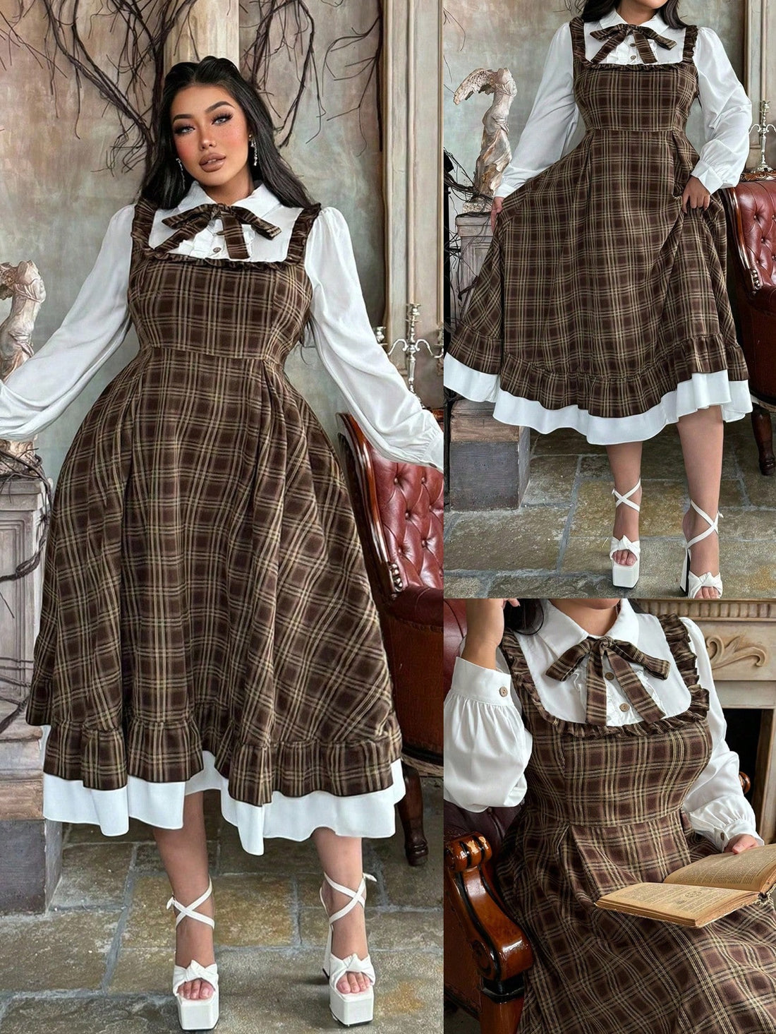 Embrace cozy cottagecore vibes with this charming 2-in-1 plaid shirt dress! Layer it as a dress or wear the detachable piece as a standalone shirt for versatile styling options. The delicate ruffle hem adds a whimsical touch perfect for autumn and winter adventures. Thoughtfully designed for plus sizes, it offers comfortable fit without compromising on style. Whether you're exploring countryside trails or cozying up indoors, this plaid essential brings that effortless, romantic aesthetic to your wardrobe.