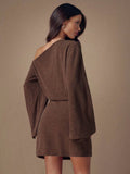 Brown asymmetric mini dress rear view